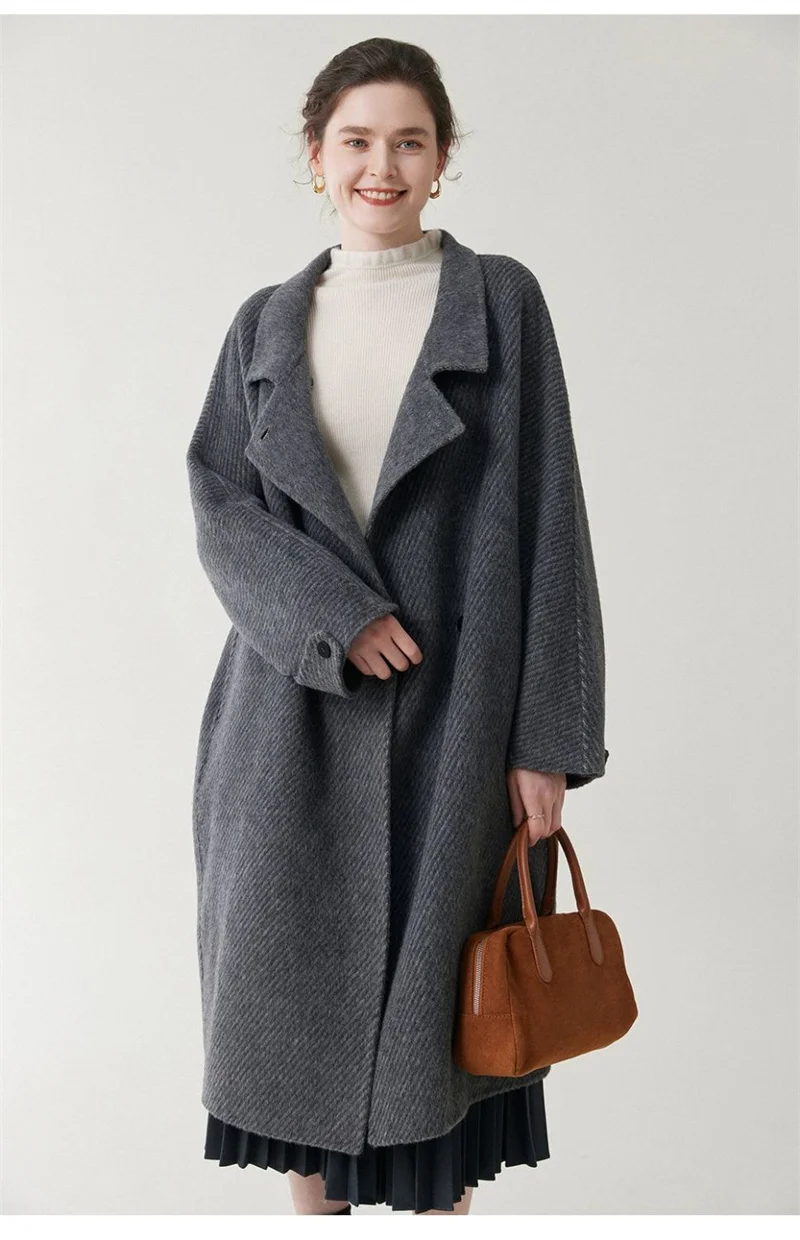 Wool Blends Coat Women Korean Thicken Long Jackets Oversized Lace Up Outwear Double-sided Cardigan Woolen Overcoat