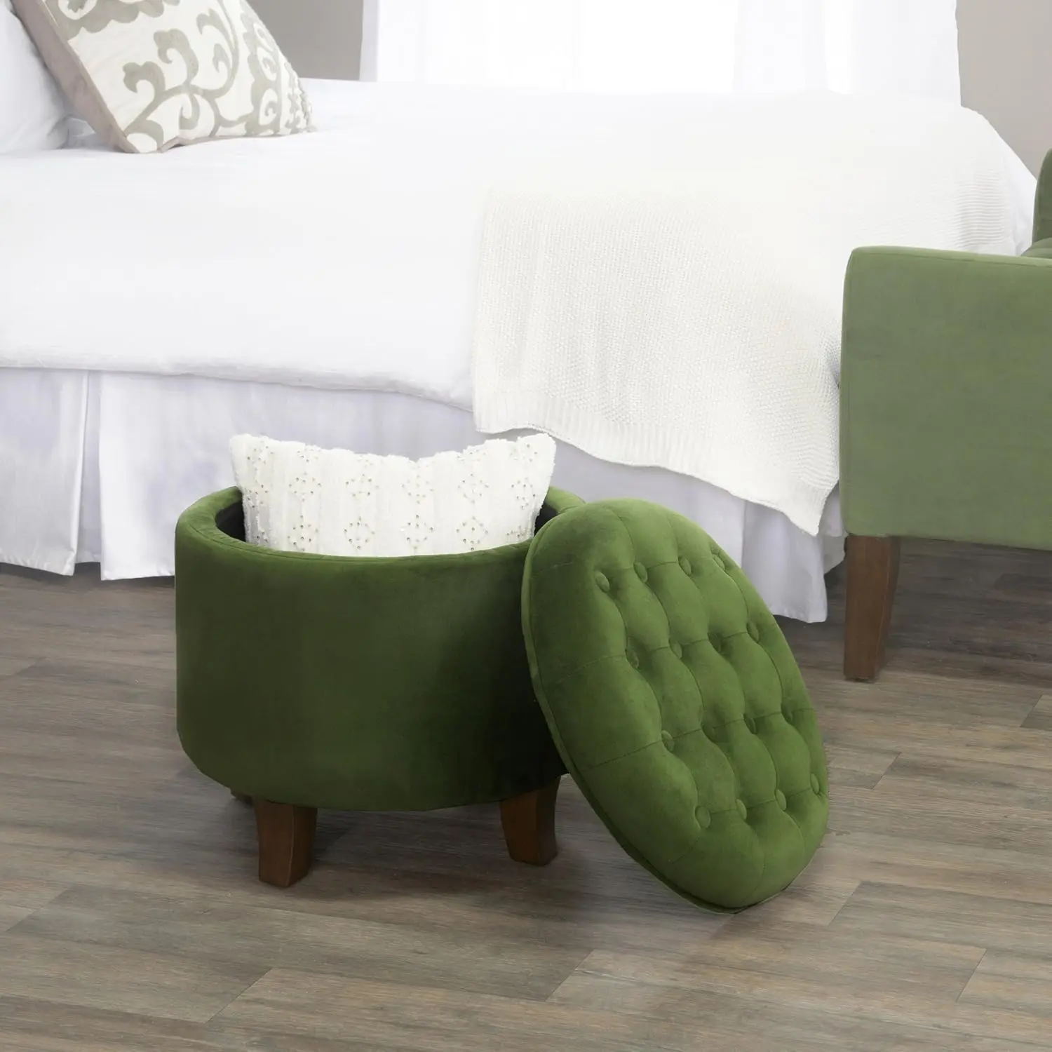 Homepop Home Decor | Upholstered Round Velvet Tufted Foot Rest Ottoman | Ottoman with Storage for Living Room & Bedroom