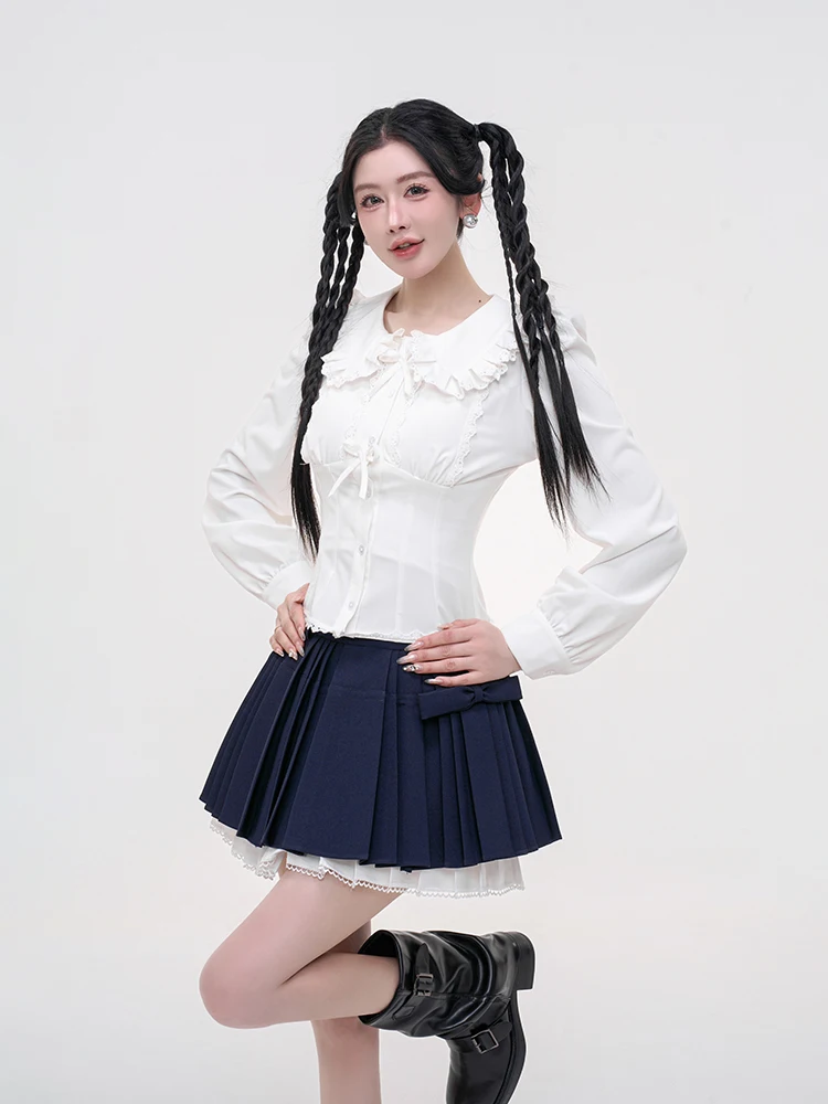 

Slimming Long Sve irt with Bow Tie And Waist Cinch Women's Early Autumn Faion Doll Collar Cotton Blend Casual irt