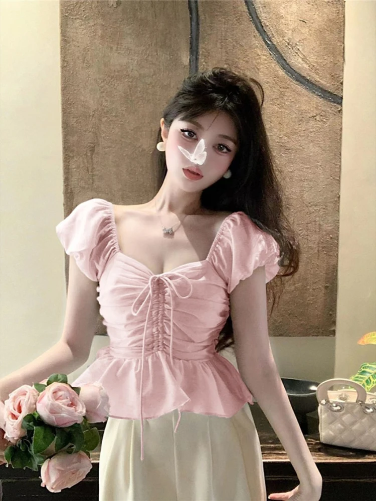 Blouse Women Sweet Ruffles Flying Sleeve Square Collar Lace Up Slim Crop Tops Chic Elegant Female Shirts Casual Fashion