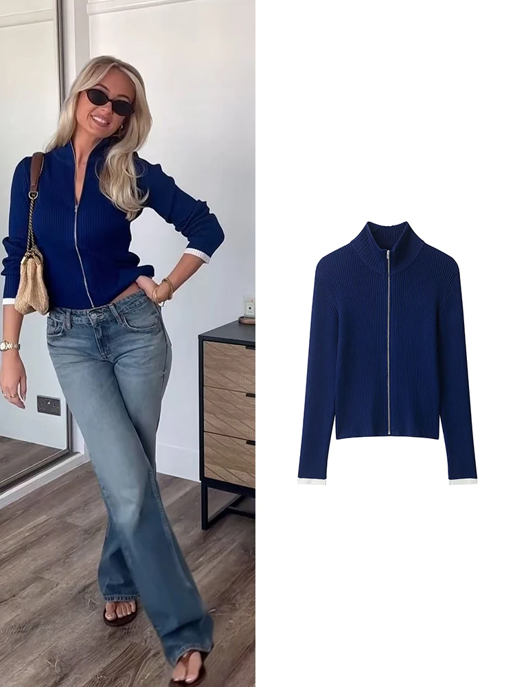TFMLN Autumn Winter Fashion Women's Cardigan Stand Collar Long Sleeve Zipper Sweaters Top Casual Simple Lady Knitted Coat