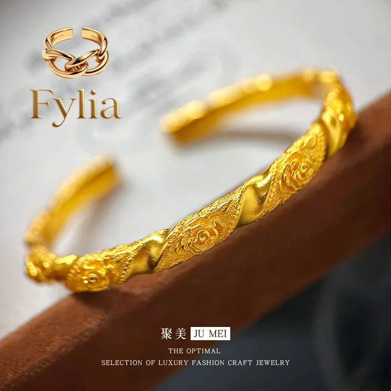 

Fylia Jewelry Fylia Jewelry Light luxury niche design vitage retro 24K real gold engraved rose 9999 open bracelet plain ring