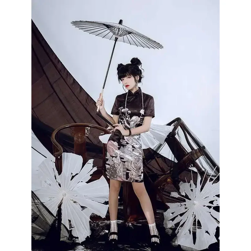 الرجعية السنة الصينية الجديدة زي نمط الطباعة فتاة شابة قصيرة تشيباو شيونغسام الربيع والصيف رقيقة الصينية التقليدية اللباس