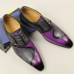 Sapato de couro Oxford masculino com renda, fivela de metal lateral, cinza, cor roxa combinando, sapatos formais para escritório comercial artesanal, alta qualidade