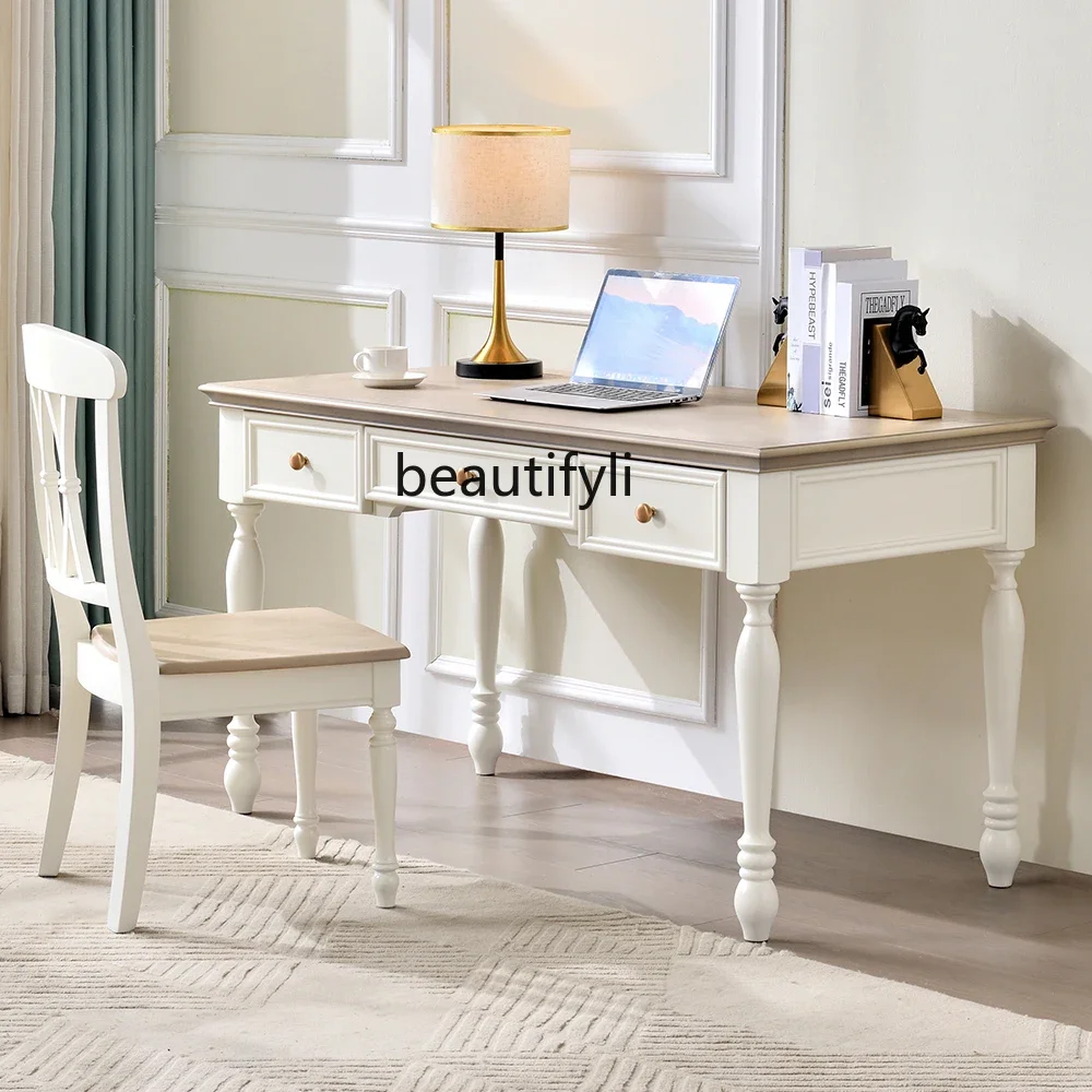 American white cream style all solid wood desk, simple American style study home writing desk