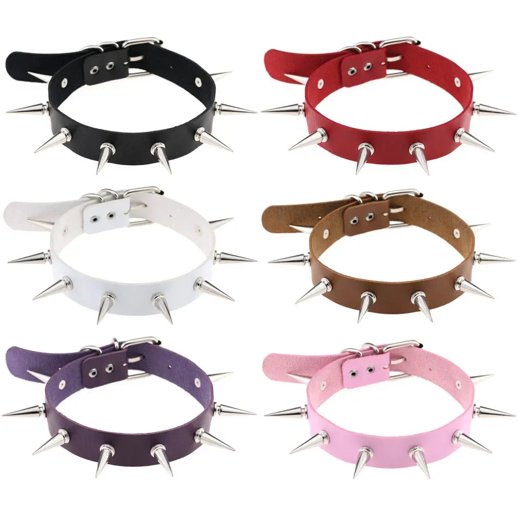 Punk Gothic Personality Rock and roll Original design Nightclub Rivets Multicolored Leather Stainless steel Necklace