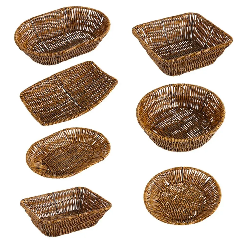 Cesta de mimbre tejida a mano para desayuno, pan, comida, fruta, verdura, pastel, bandeja de almacenamiento redonda de mimbre con forma Rectangular, 1 Uds.