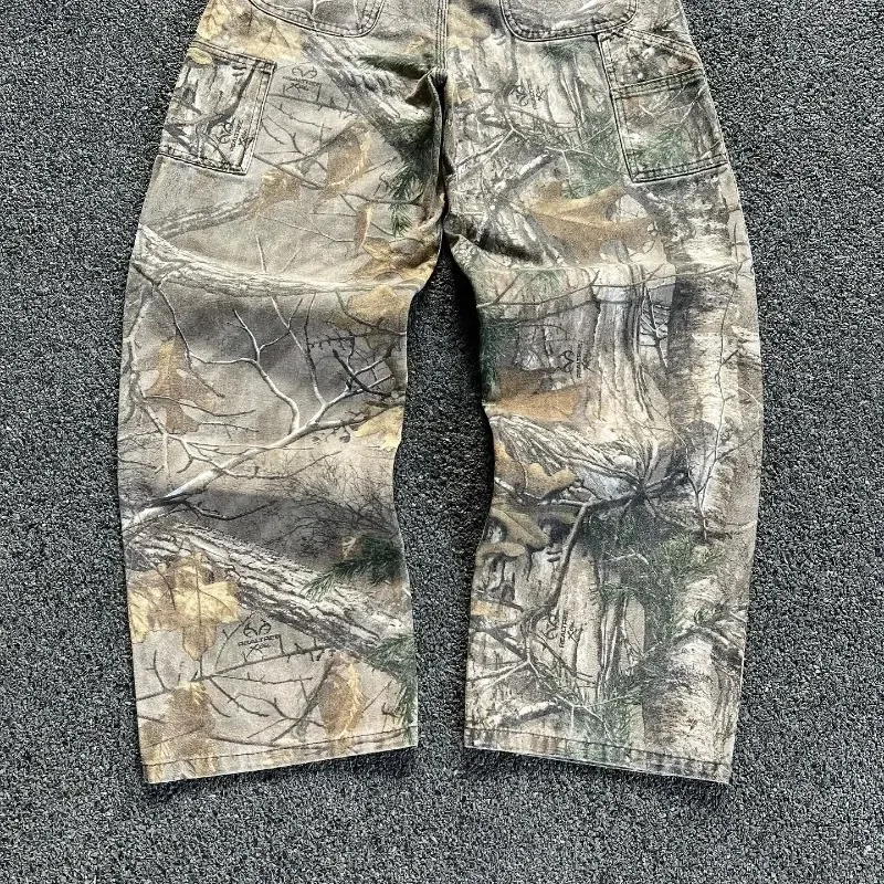 

2024 Jeans trendy retro fashion street camouflage leaf print hip-hop wide-leg couple mid-line splicing jeans for street wear