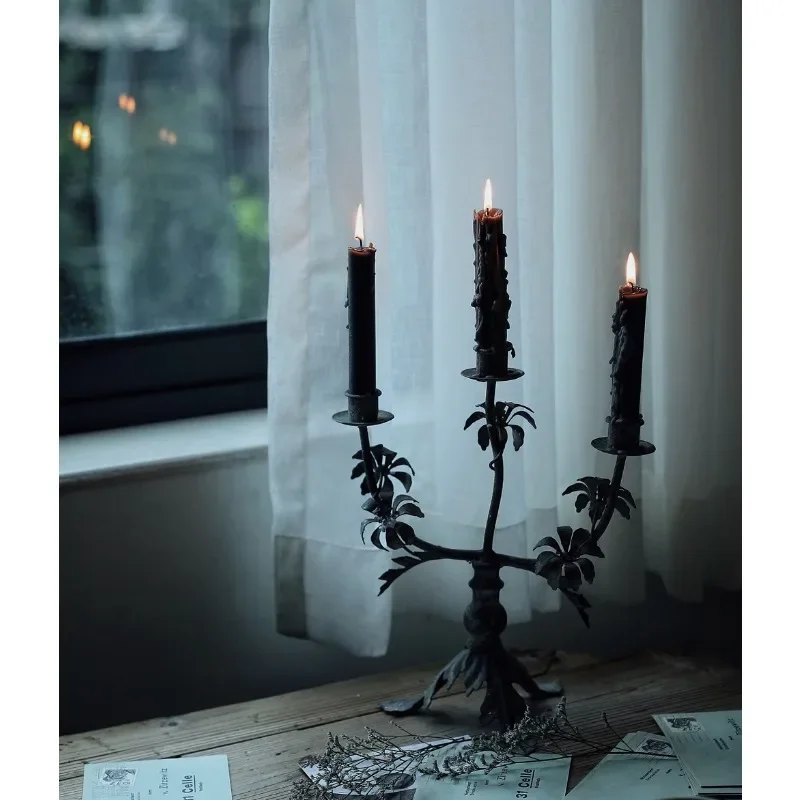European rural retro old three-headed candlestick ornament, gray-blue metal candlestick.