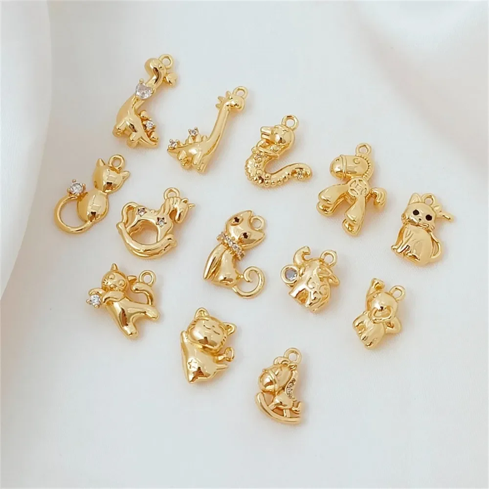 14K Gold-plated Zirconium Wooden Horse Little Elephant, Little Dragon, Giraffe, Cat Pendant, Animal Series DIY Bracelet Pendant