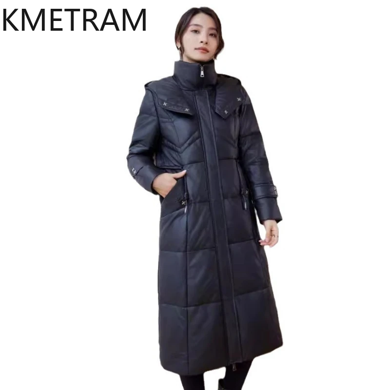 100% Sheepskin Puffer Jacket Women High Quality Genuine Leather Long Down Coats with Hood 2025 Winter Clothes Woman пуховик
