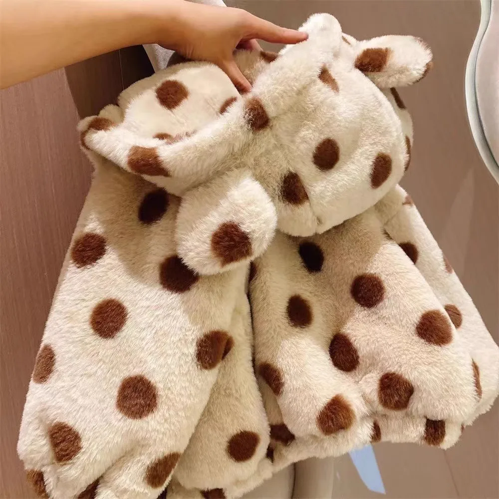 Cute Bear Plush Baby Jacket Coat New Autumn Winter Warm Faux Fur Polka Dot Coat For Kids Hooded Snowsuit Children Ouertwear