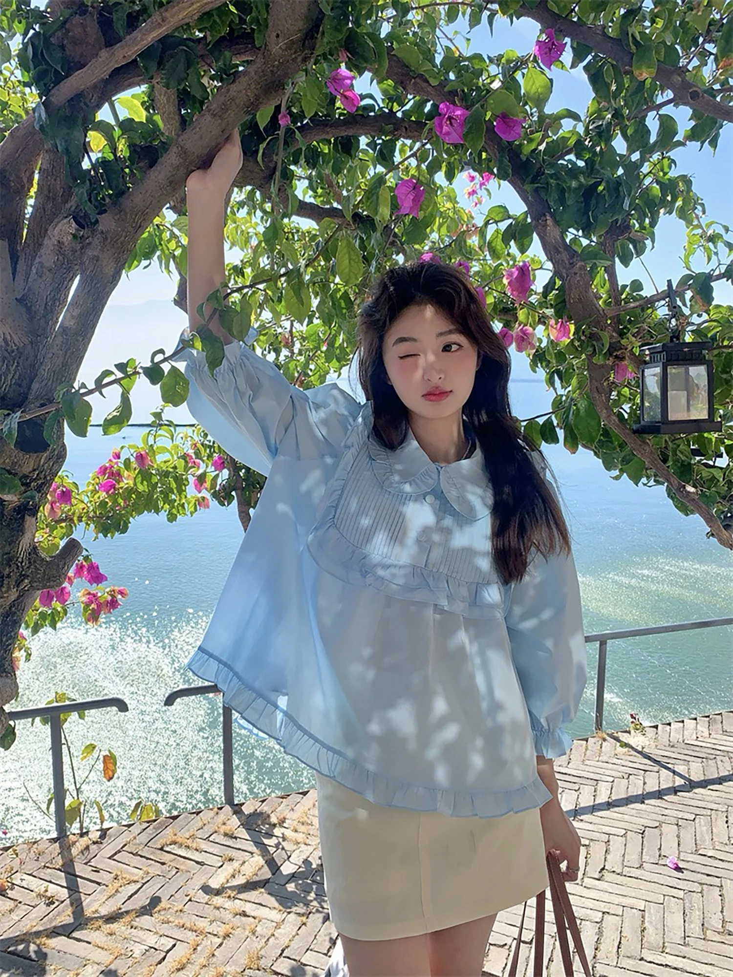 

Женская блузка Vanwenwen Oxygen Sea Salt в корейском стиле с воротником «кукла», милым дизайном и рукавами-фонариками, весенняя, свободного кроя