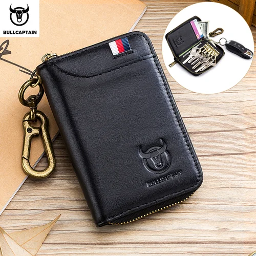 BULLCAPTAIN-Bolso para llaves de cuero para hombre, bolsas de almacenamiento a la moda, cubierta para coche, Mini tarjetero compacto, monedero, llavero de mayordomo para hombre
