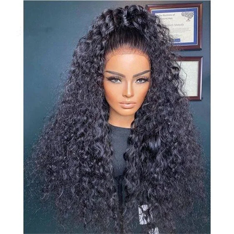 Soft 180Density Natural Black 26Inch Long Kinky Curly Lace Front Wig For Women BabyHair Heat Resistant Glueless Preplucked Daily