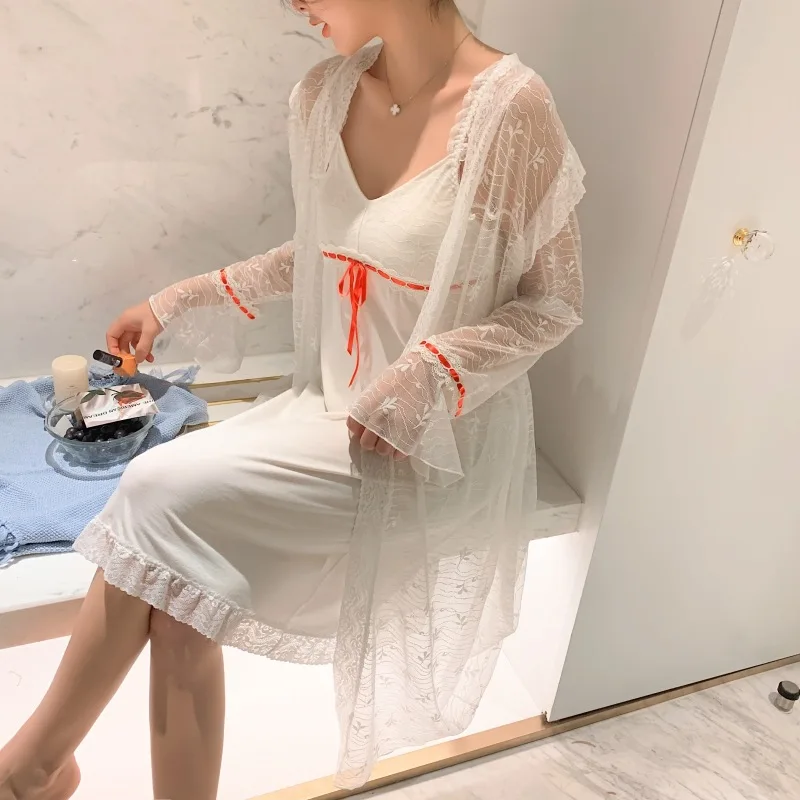 Bra Pad New Spring Autumn Women's Sleepwear Nightshirt Modal Lace Princess Night Dress Sexy Nightgowns Female Two Piece Set