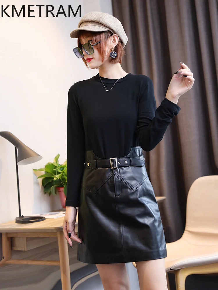 KMETRAM 100% Top Layer Sheepskin Skirt for Woman 2025 Genuine Leather Short Black Skirts Autumn Women Clothing юбка шорты