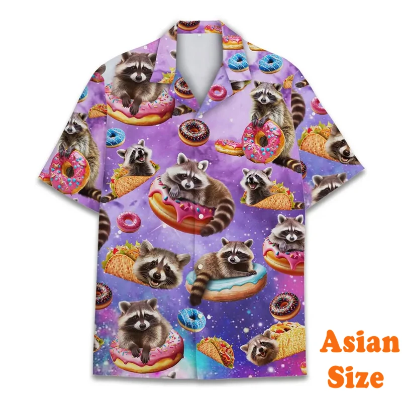 Fun Raccoon Hawaii Shirts For Men Food Theme Pineapple Space Pizza Graphic Lapel Shirts 2025 New Trend Donut Funny Shirt Top