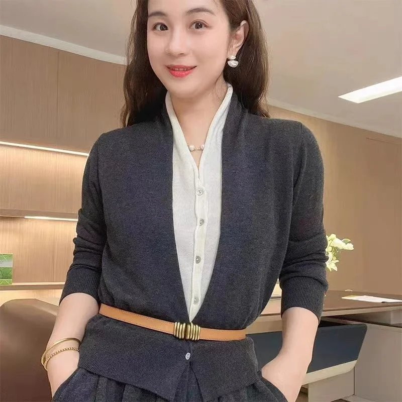 Spring Autumn New Fashion Women Sweater Casual Knit V-Neck Pure Wool Cardigan Warm Soft Slim Coat Two fake Pieces Belt Tops