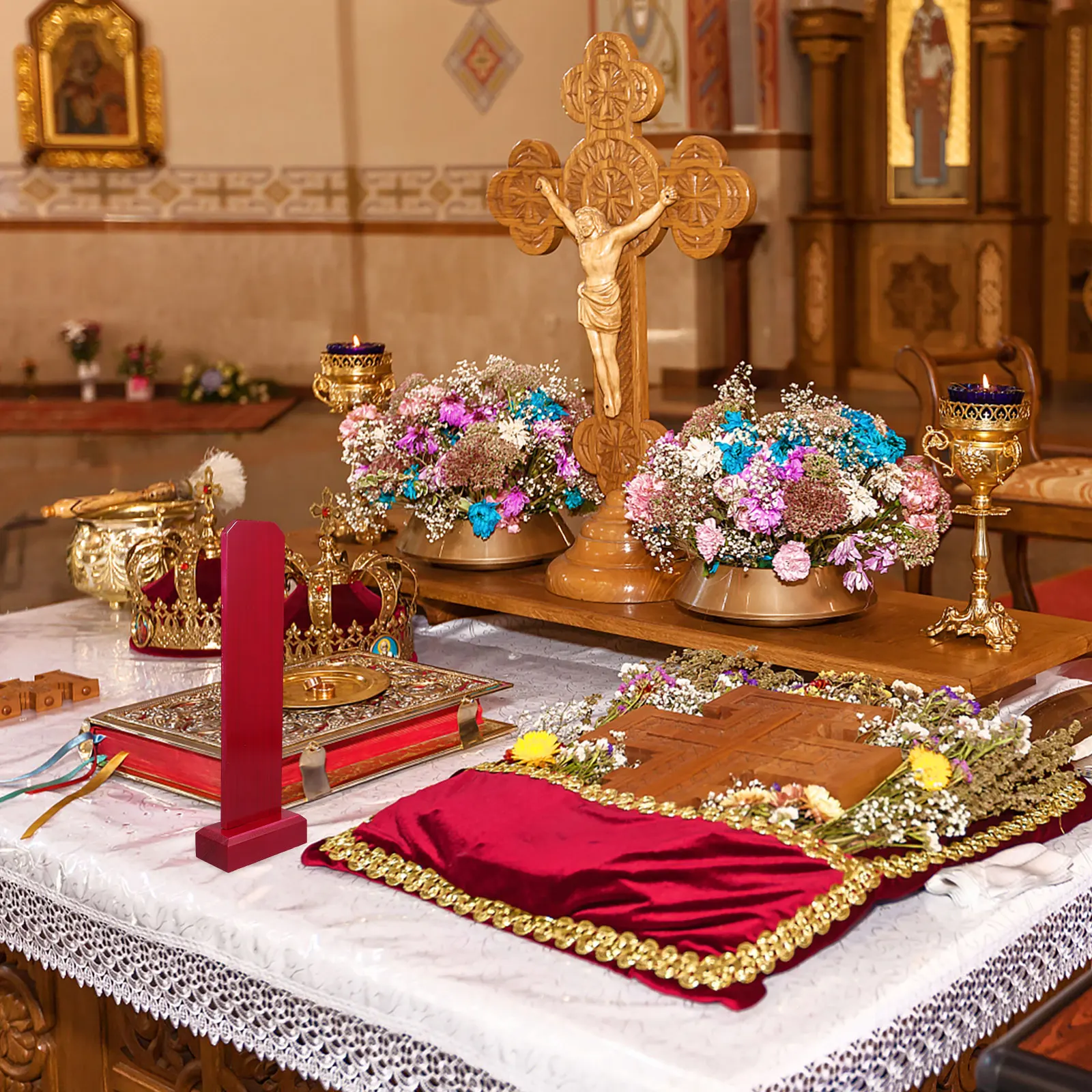 

Solid Wood Spirit Tablet Red Finish Honors Ancestors Perfect for Altar Memorial Display and Temple Worship Table Decoration