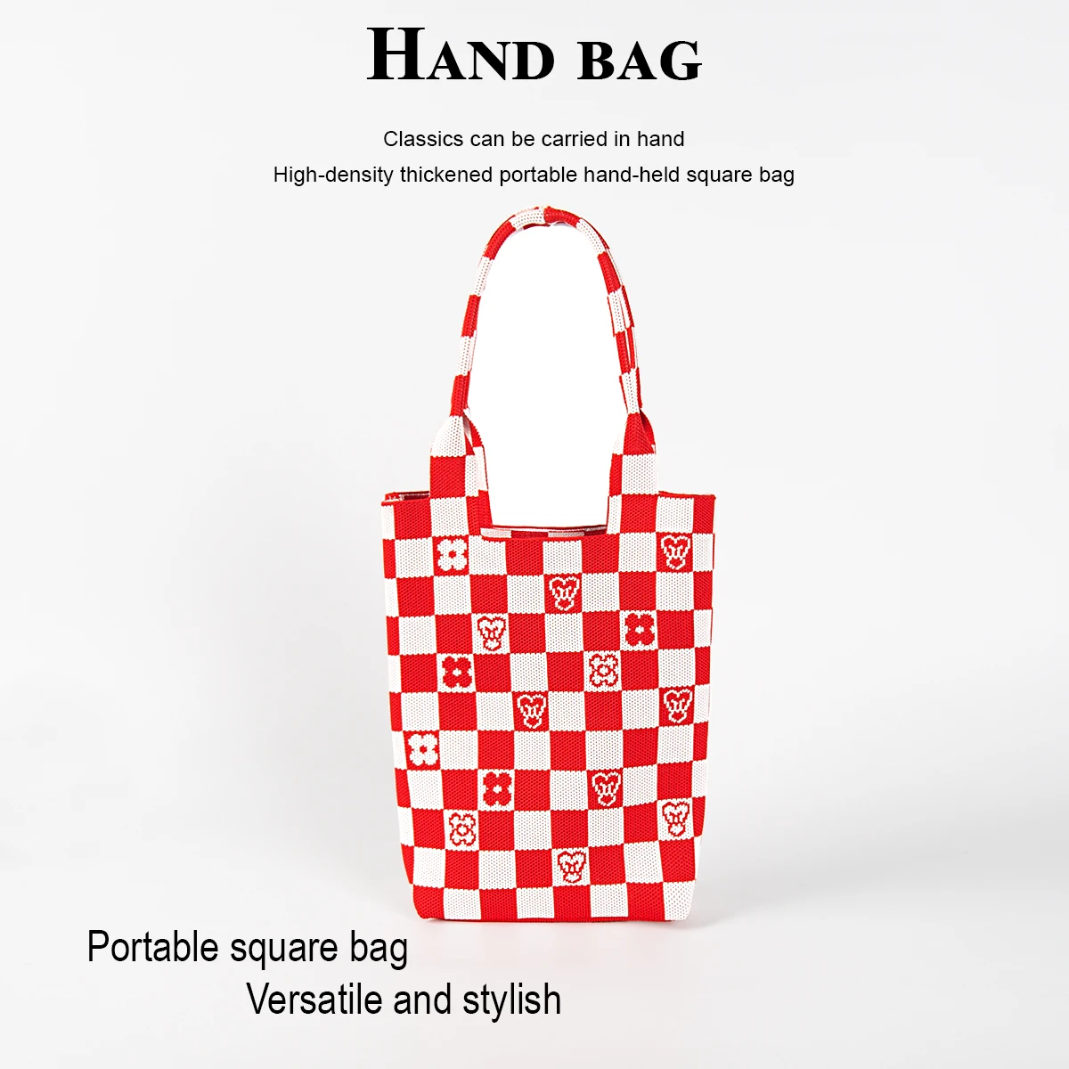 Bolso de mano decorativo de punto con diseño de flores pequeñas de color rojo y blanco, gran capacidad para llevar paraguas, libros, teléfonos móviles y llaves, adecuado para varias ocasiones, adecuado para compras, vacaciones, viajes y compras en todas las estaciones