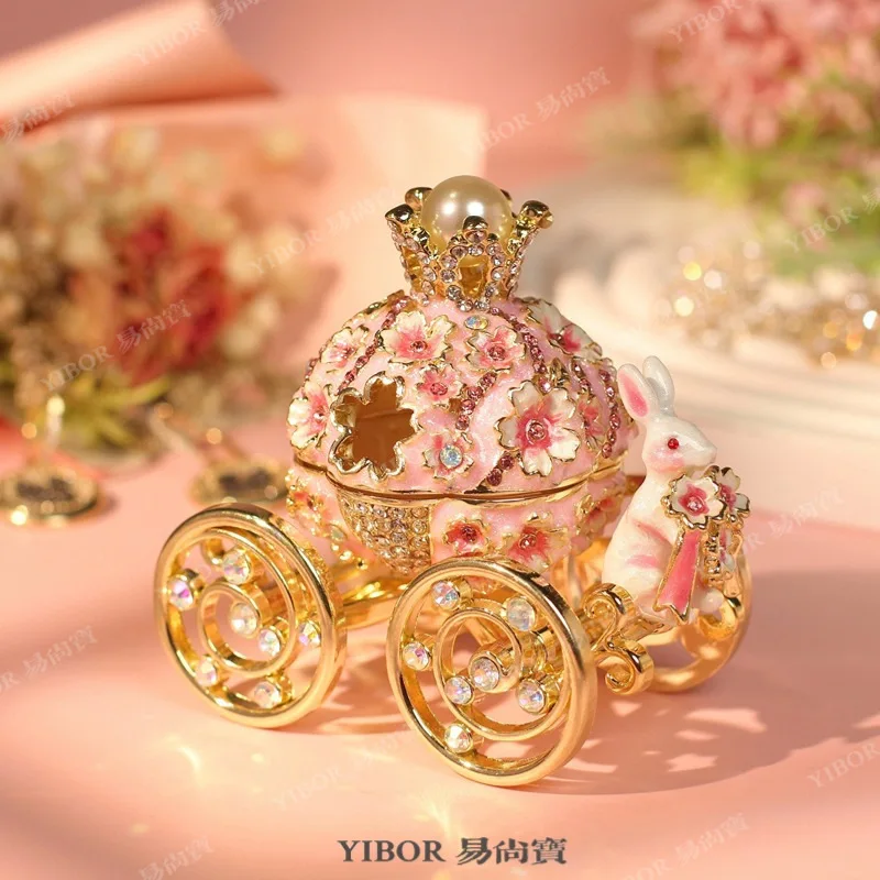 

Cloisonne Rabbit Carriage Jewelry Box, Cartoon Light Luxury Figurine, Enamel Handicraft Home Decor for Shelf Display Gift