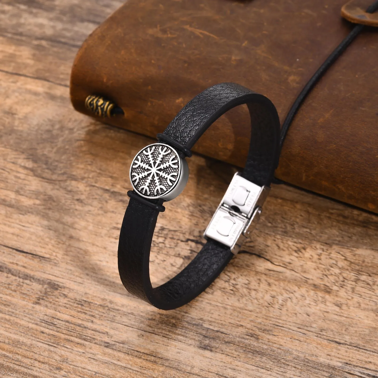 Vnox Norse Viking Compass Charm Bracelets for Men, Black PU Leather Bangle, Protective Amulet Jewelry