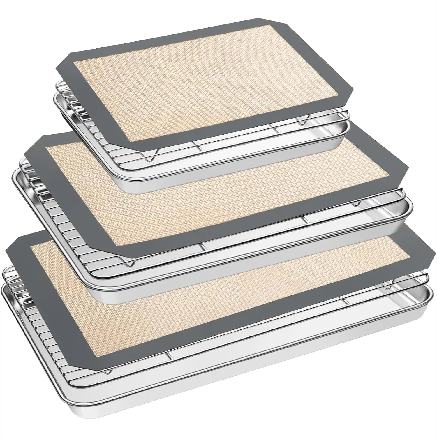 

Stainless Steel Baking Sheet Tray Cooling Rack with Silicone Mats Set, 9-Piece Nonstick Cookie Pan for Oven, Heavy Duty & Warp