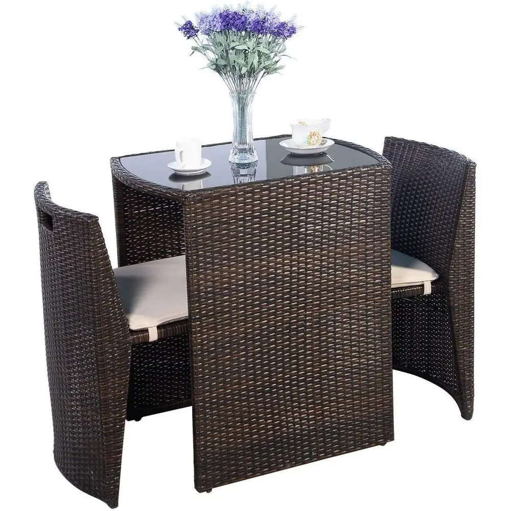 3-Piece Padded Outdoor Wicker Patio Bistro Set - Space-Saving Garden Furniture, No Assembly Required (Brown)