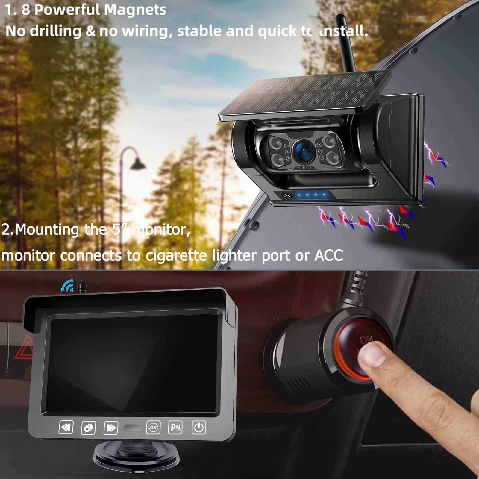 iPoster 1/2x Digital Wireless Solar Backup Cameras Magnetic Base Hitch 5 Inches IPS Screen Car Monitor For Caravan Rv Trailer - Image 5