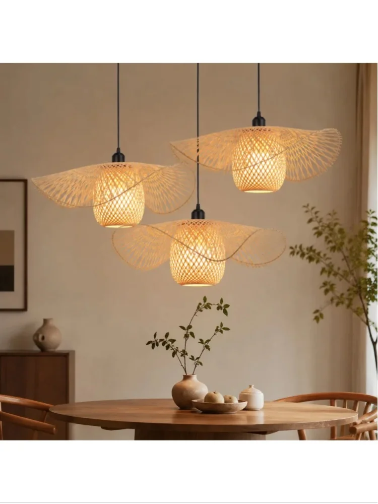 JOYINLED 55CM Japanische Wabi-Sabi Bambus-Rattan Pendelleuchte LED Hängelampe Natürlich Geflochtene Deckenleuchte für Wohnzimmer Esszimmer Schlafzimmer