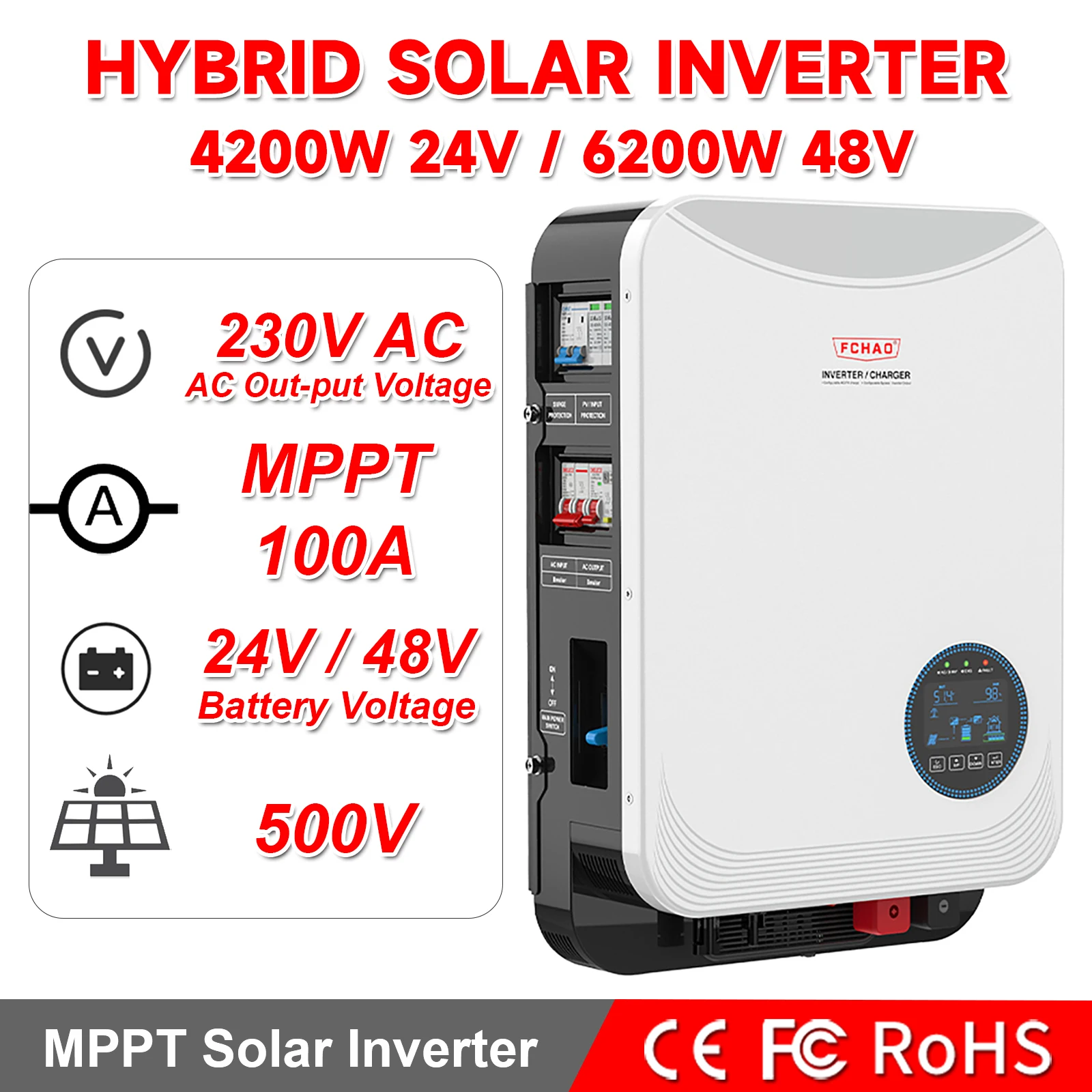 Convertitore solare ibrido 4200W 6200W Convertitore solare 24V 48V Convertitore a onda sinusoidale pura 230V MPPT Regolatore solare 100A Supporto LiFePo4