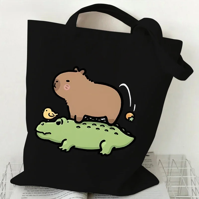 Canvas Ladies Shoulder Bag 2024 Pizza Capybara Print Reusable Tote Bags Large Capacity Cartoon Capybara Women\'s Shopping Handbag