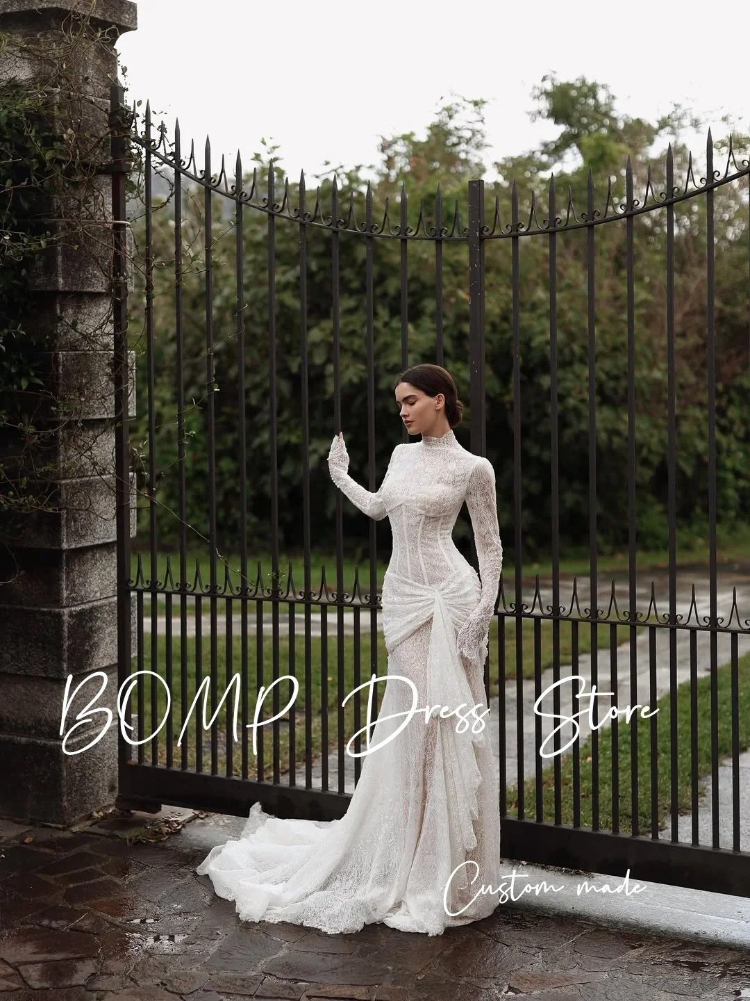 BOMP فساتين زفاف عتيقة من الدانتيل على شكل حرف a رقبة دائرية وأكمام طويلة من الدانتيل سويب تراين فساتين العروس رشيقة Mariage مخصصة 2026 #3