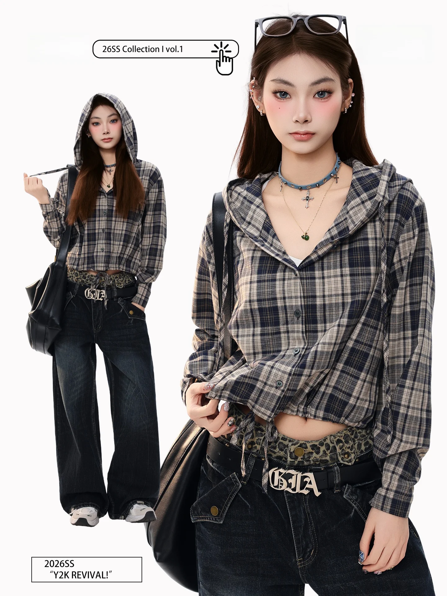 

PBB American Retro Plaid Lazy Sle Long Sve irt Women's Design Sense Street Match Loose ort Outerwear Casual Loose Fi...