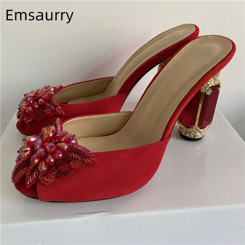 Sequined Beads Flower Party Shoes Summer Jeweled Diamond High Heel Sexy Open Toe Suede Rhinestone Sandals Women