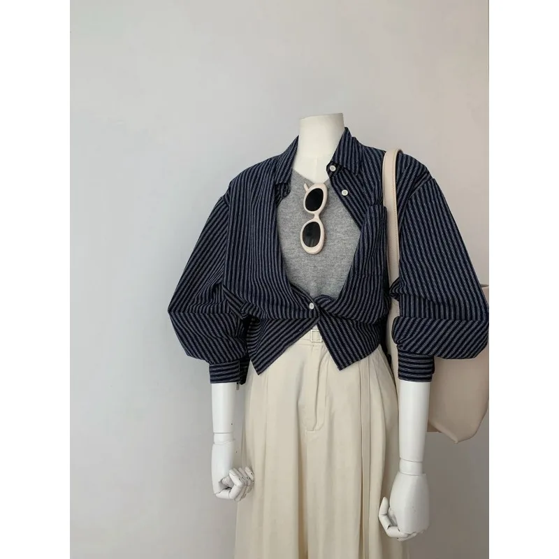 Frans high-end contrasterend verticaal gestreept shirt met lange mouwen voor dames, Koreaanse stijl chic design niche shirt temperament top