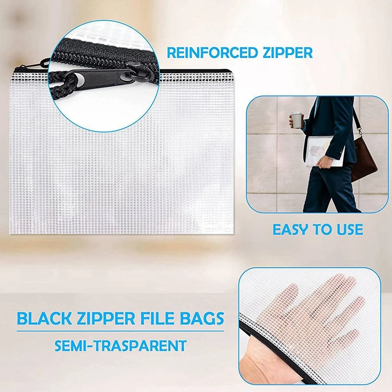 12PCS Plastic Mesh Zipper Bag Multifunctional Waterproof Folder Office Supplies,Multiple Sizes File Organizer