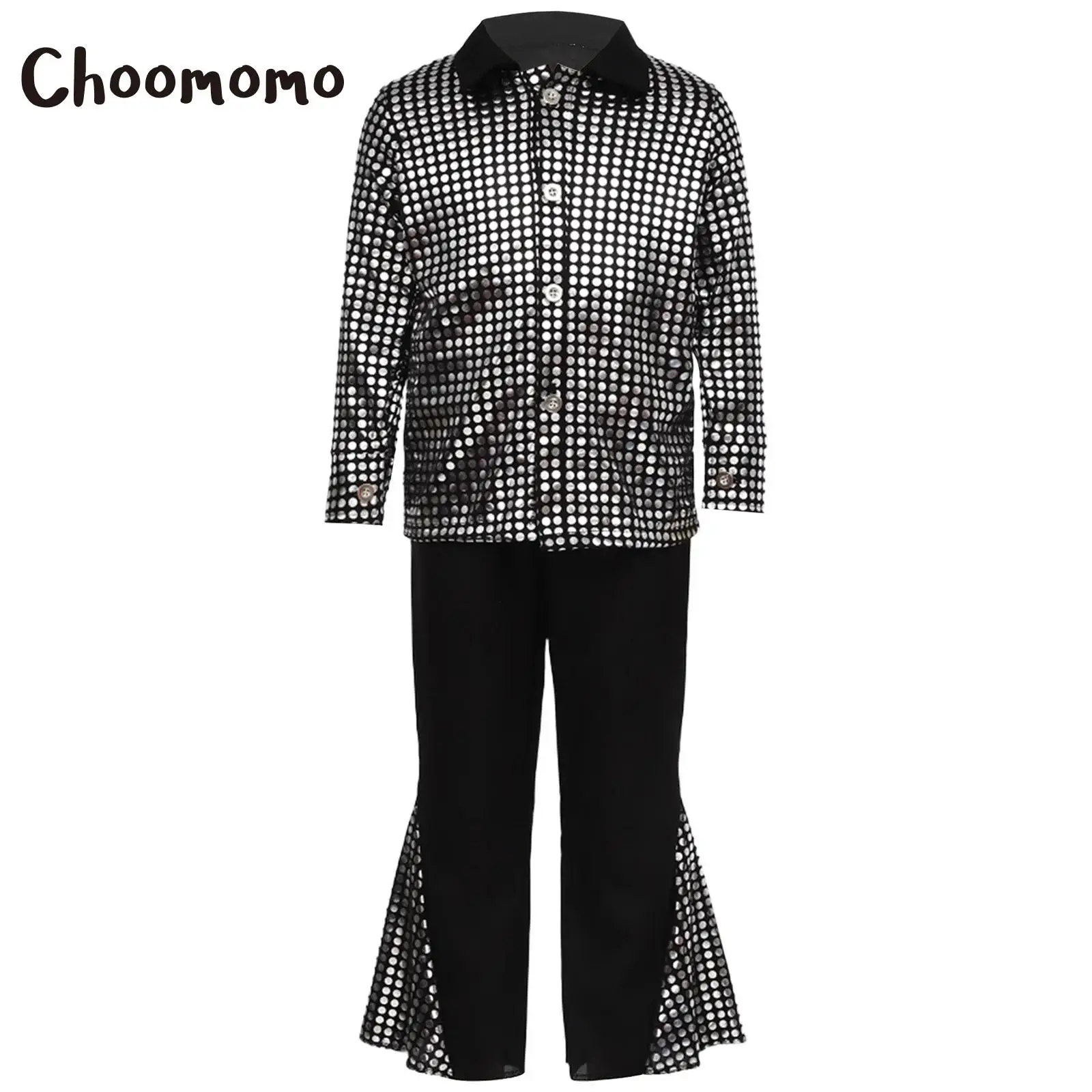 

Kids Boys Retro Disco Dance Shiny Costumes Performance Sets with Turn Down Collar Long Sleeve Front Buttons and Flare Pants Suit