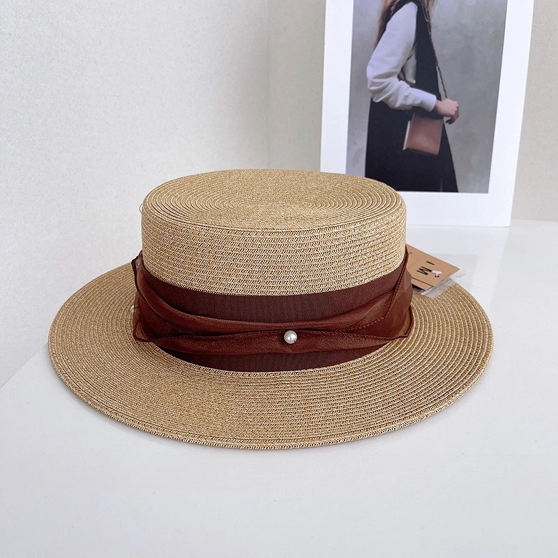 French Vacation Style Netted Pearl Decorated Flat Top Hat Women Summer Fashion Elegant Sun Protective Brim Hat