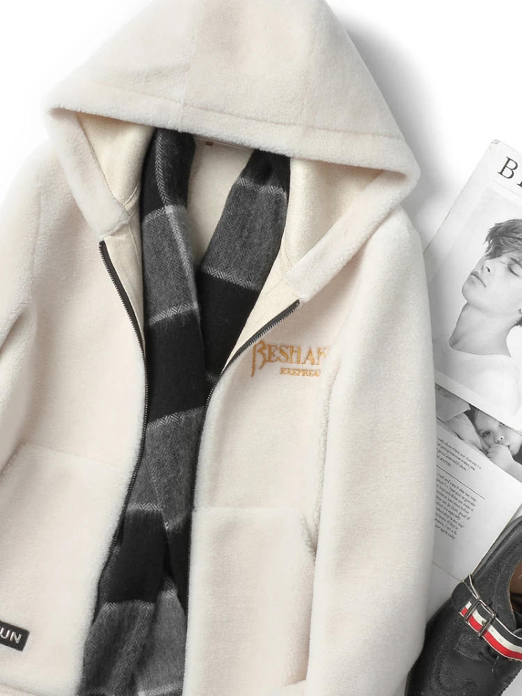 Winter Cashmere Coat Short Hooded Wool Particle Coat Men's Fur Integrated Lambswool Fur Tide