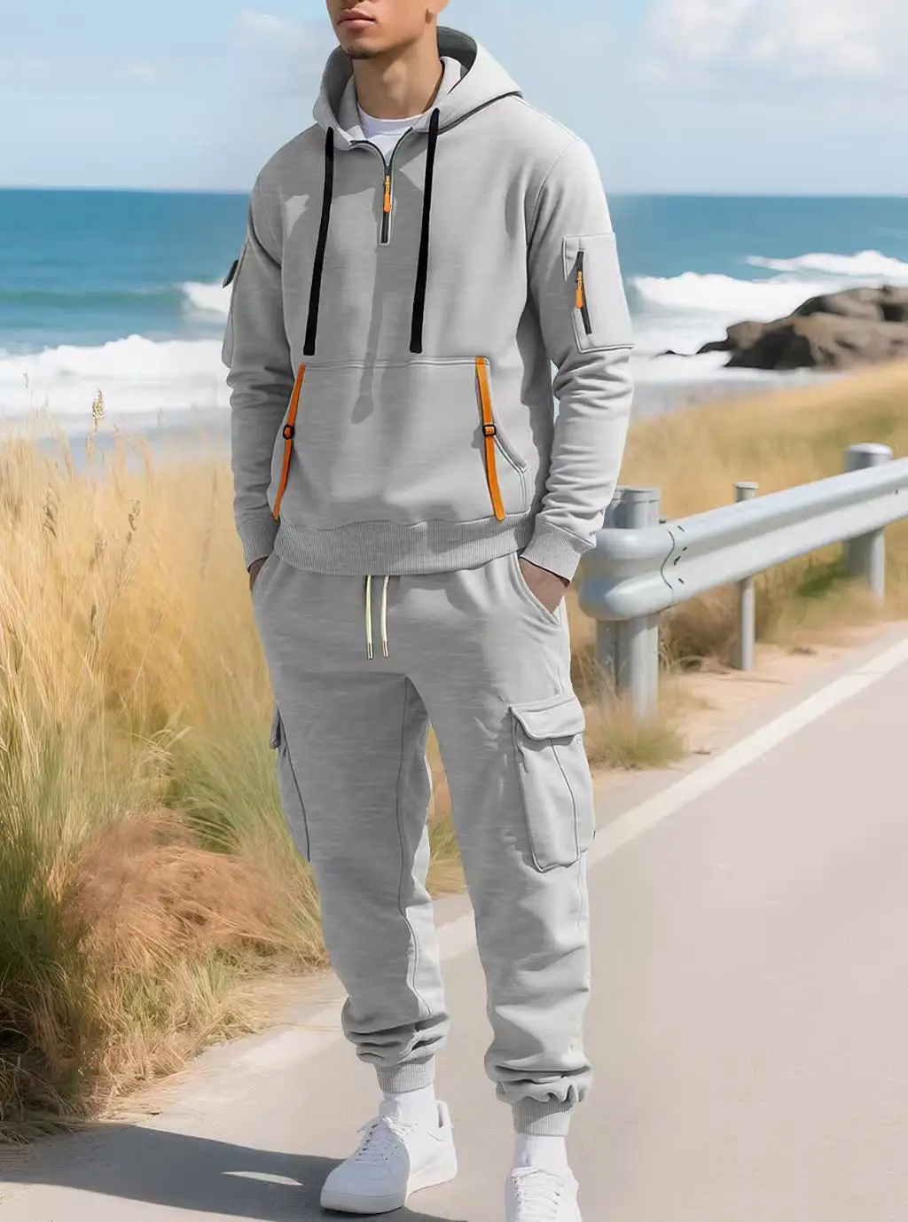 

Men's spring-autumn hooded sports suit, featuring a pocketed zipper top and multi-pocketed long pants for a casual sports outfit