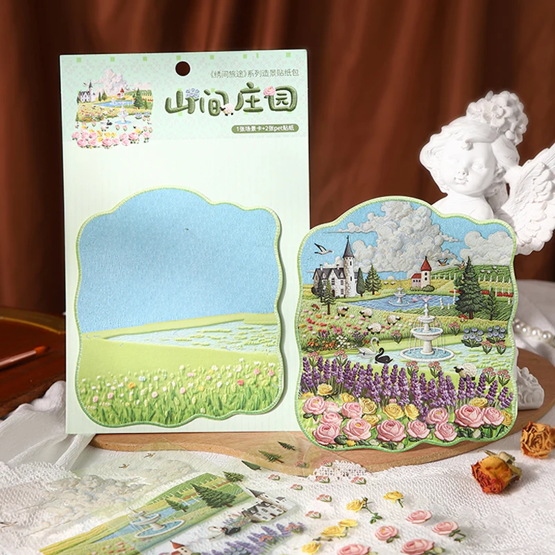 Mr. Paper 3Pcs/Pack Landscape Sticker Pack Embroidery Style Town Scenery Stickers for Journal Scrapbooking DIY Decoration