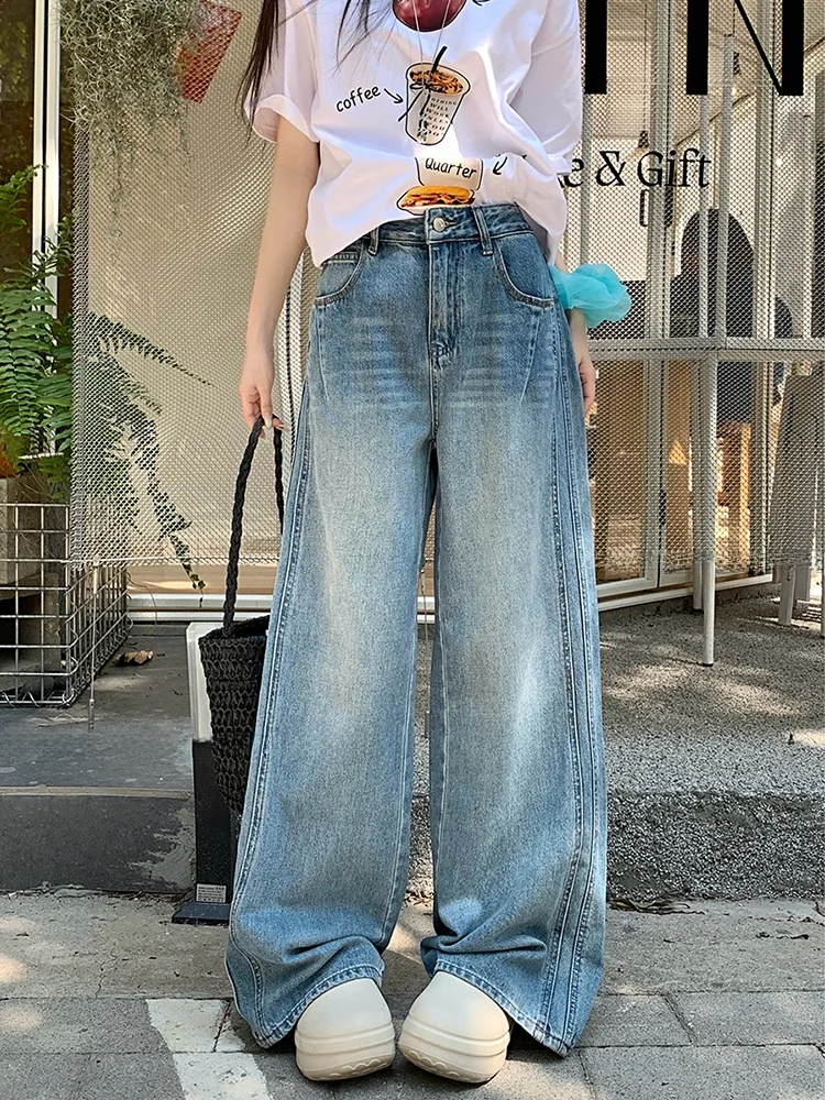 

Джинсы женские с высокой талией, свободного кроя, в корейском стиле, больших размеров, с широкими штанинами, винтажные, повседневные, на молнии