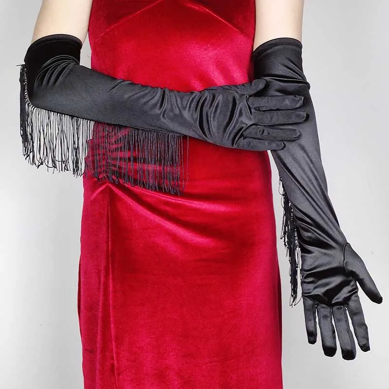 Halloween Dress Party Satin Tassels Full Finger  Long Gloves 55CM Christmas Prom Latin Dance Performance Women Mittens S223