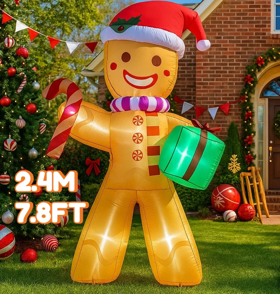 ของตกแต่งคริสต์มาสขนาด 7.8 ฟุต ตุ๊กตาคนขนมปังขิงเป่าลมรูปแท่งลูกกวาด ของประดับตกแต่งบ้านและสวน พร้อมไฟ LED ของตกแต่งคริสต์มาส