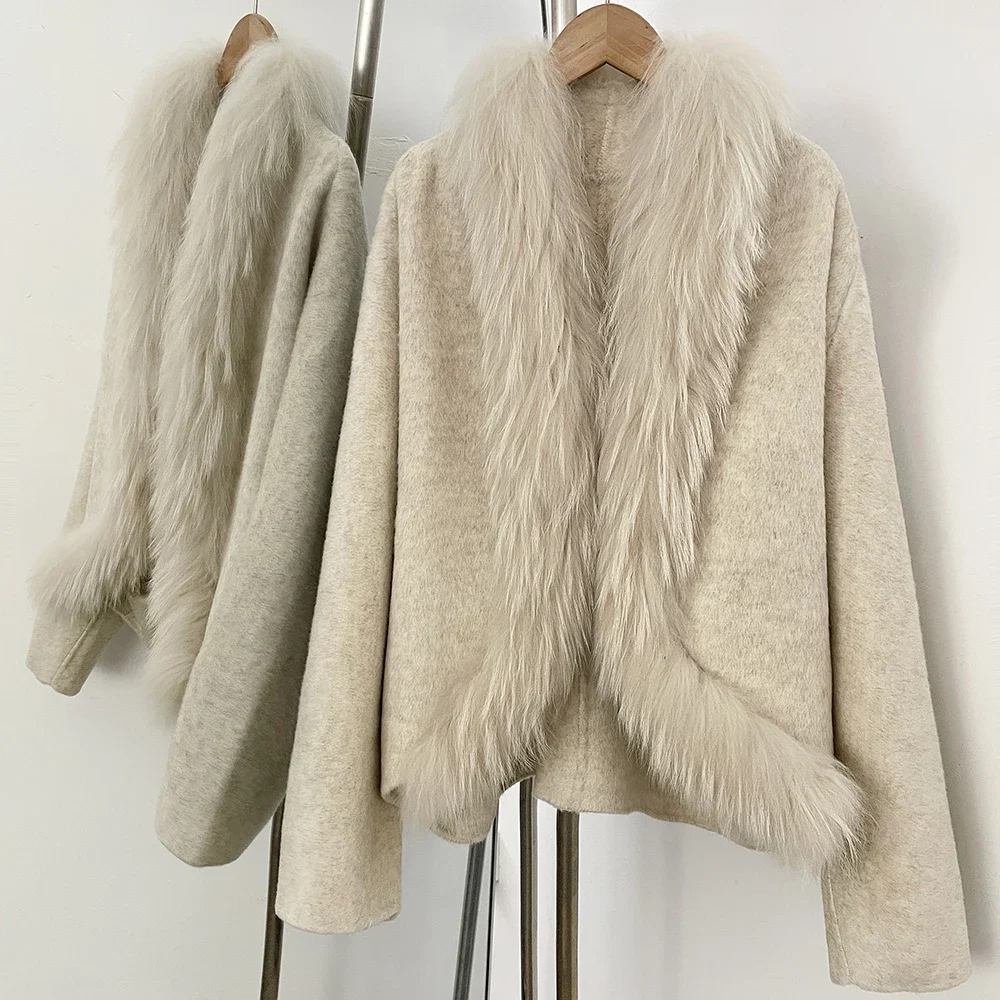 OFTBUY Neue Luxuriöse Winterkleidung Damen Kurzer 100% Wollmantel mit Echtfuchspelzkragen Natürlicher Pelz Wolljacke für Damen – Detail 8
