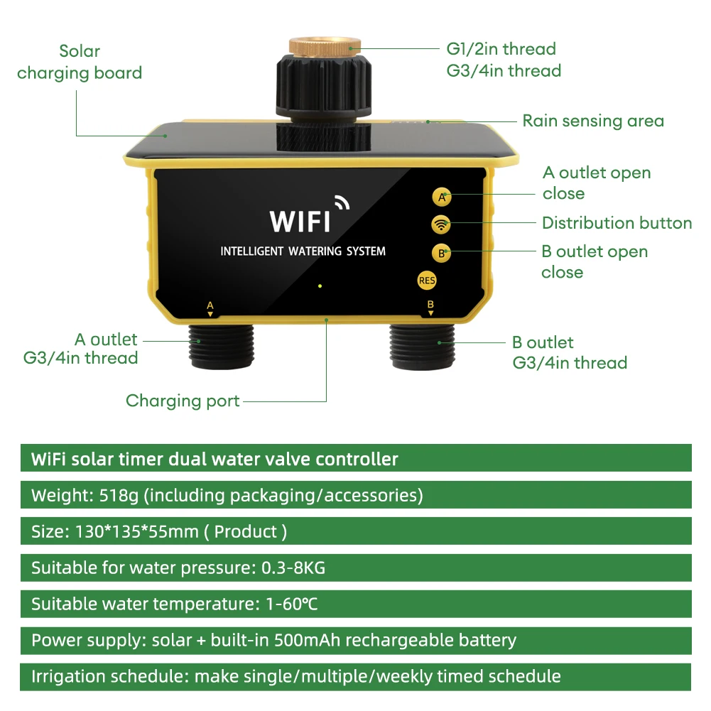 1/2 Zone WIFI Solar Irrigation Timer Smart APP Control Automatic Irrigation System Outdoor Water Timer Garden Watering Tool