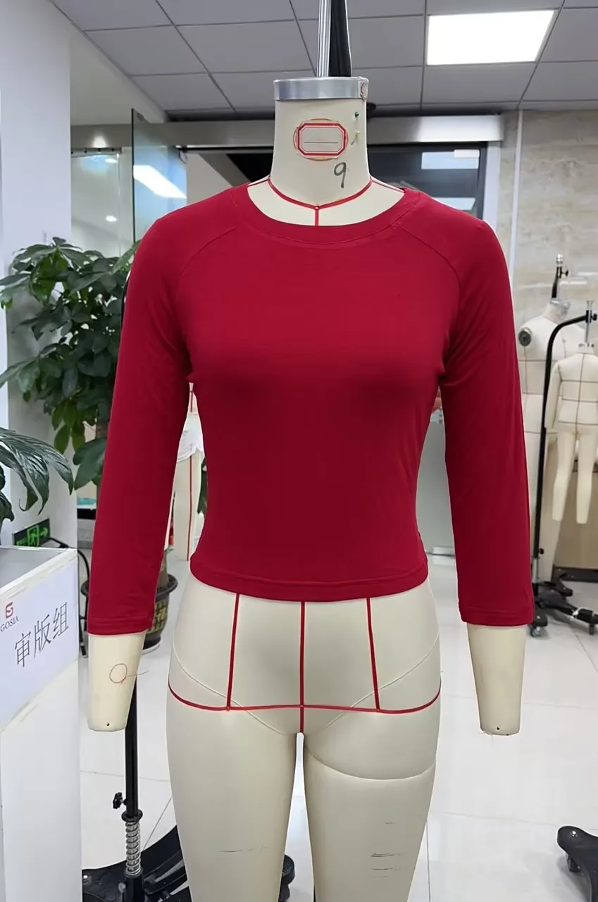 Women Crop Fitted Tops Casual Solid Color Crew Neck 3/4 Sleeves Shirt