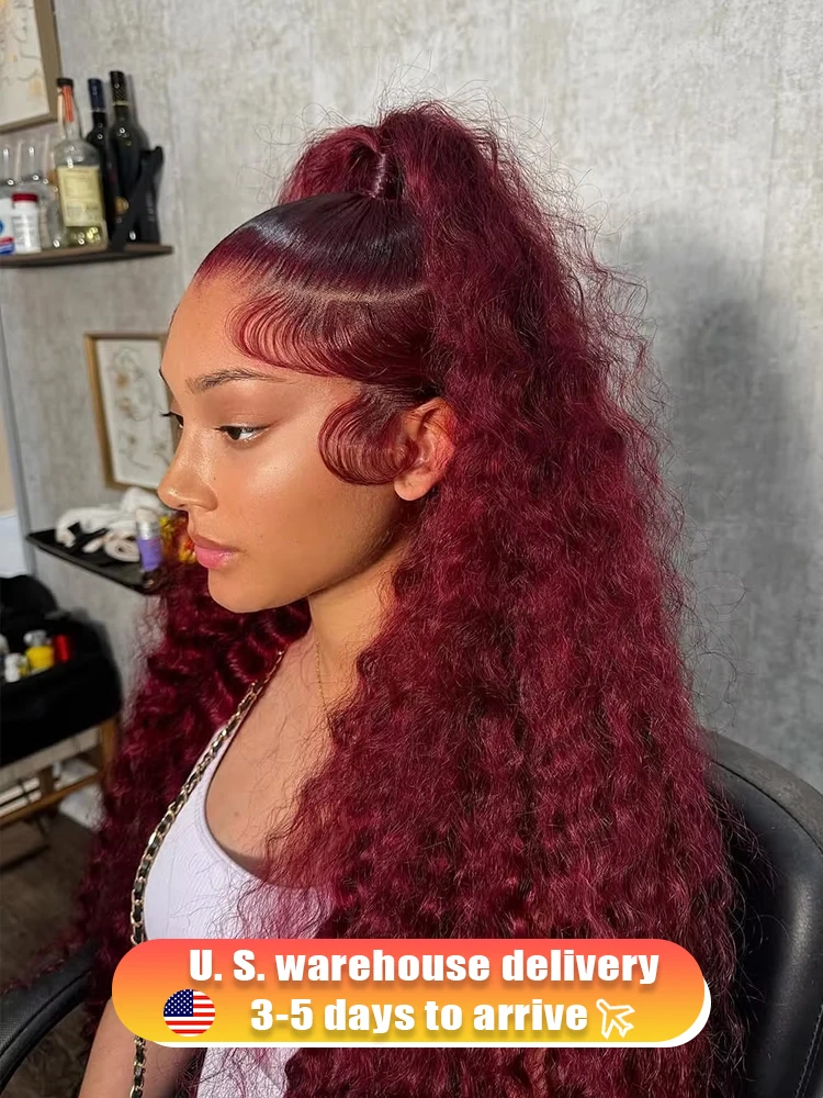 250 Density 13x4 Curly 99J Burgundy Colored Lace Front Wig 30 40 Inch Deep Wave 13x6 HD Lace Frontal Human Hair Wigs For Women